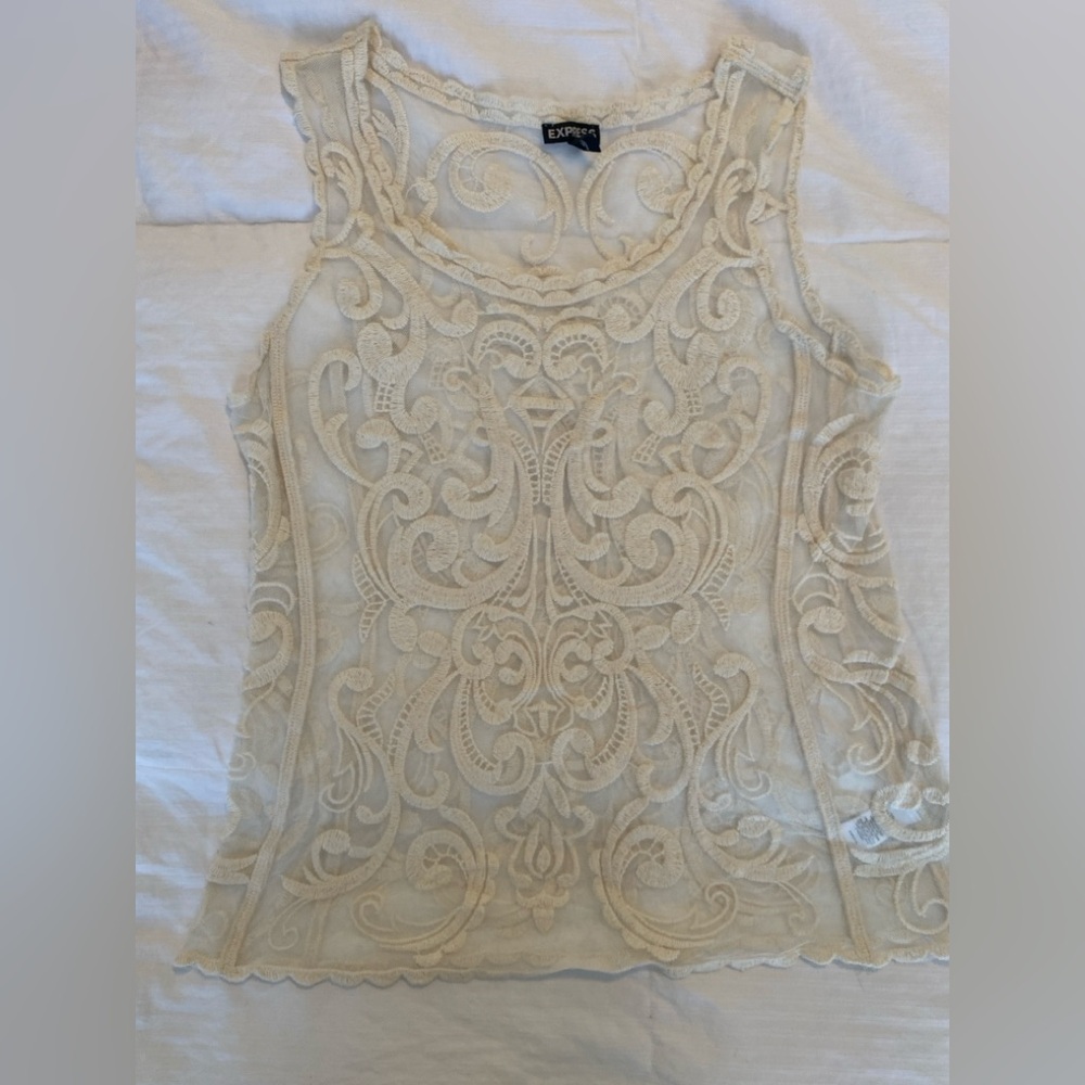 Off White Lace Embroidered Tank Top Sheer Floral Scalloped Boho Chic XS